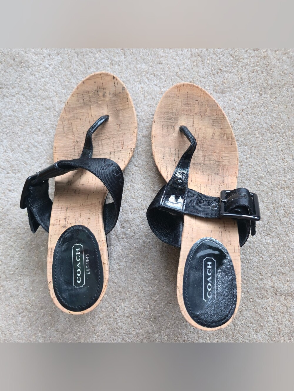 COACH Bernadette Wedge Sandals Orange Patent Leather Cork Thong Heels Size 8